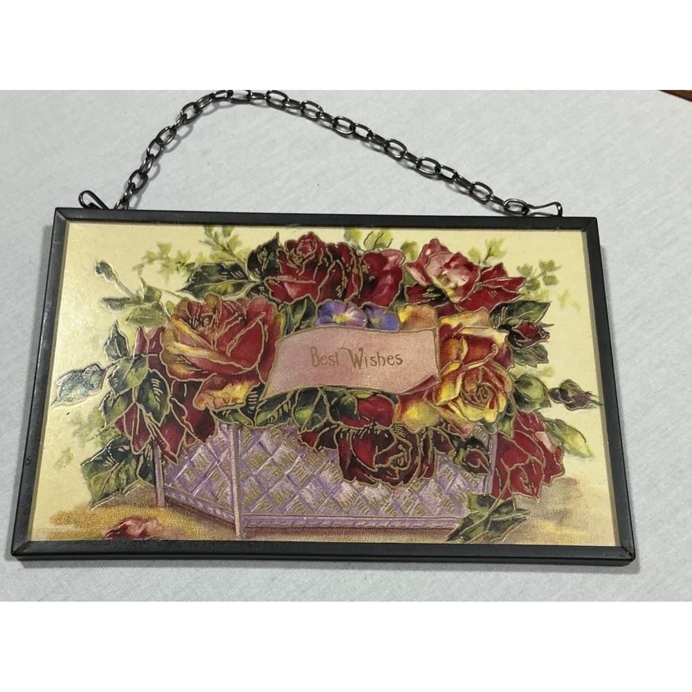 Antique Floral Rose Best Wishes Postcard Framed Glass Decor  1¢ Washington Stamp